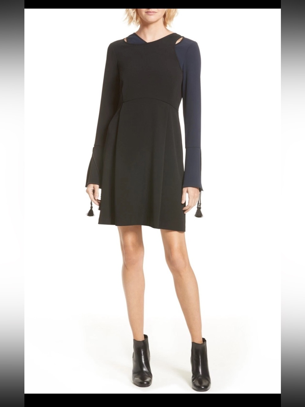 Derek Lam 10 Crosby Black Mini Dress with Navy Sleeve Accent- 10